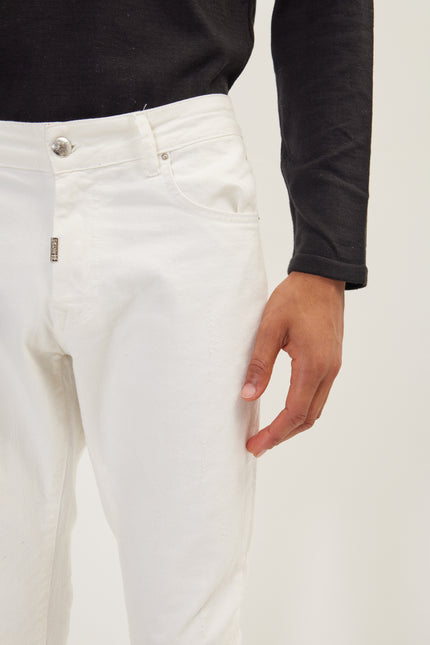 Men's Distressed Ripped Hem Skinny Jeans - White | Ron Tomson