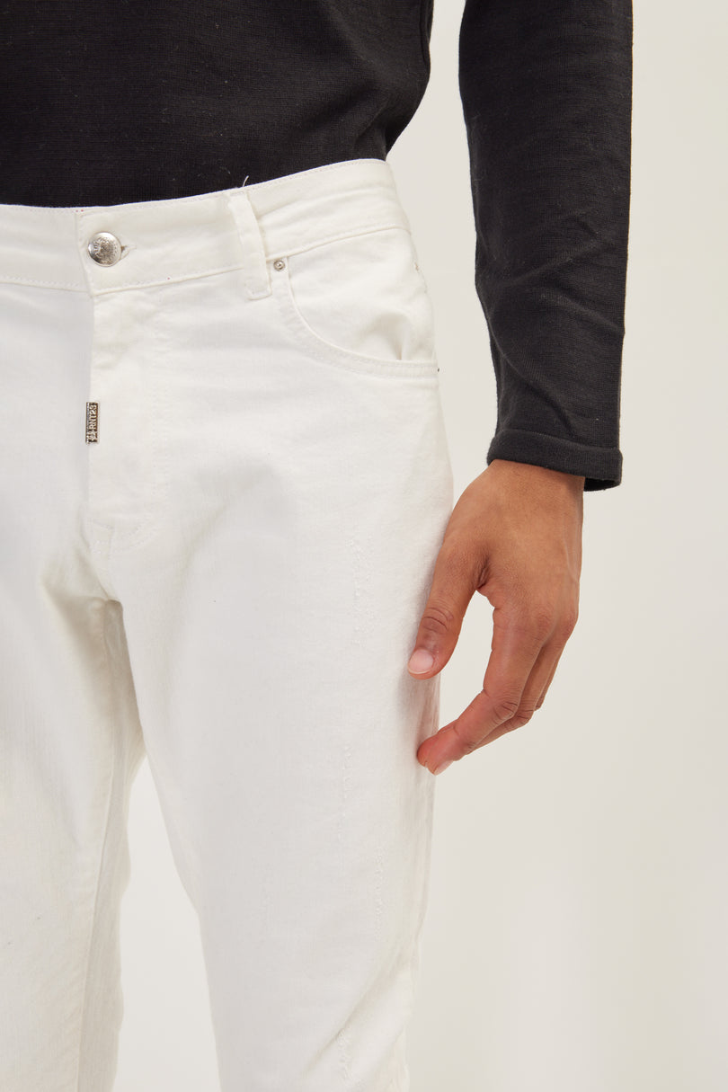 Men's Distressed Ripped Hem Skinny Jeans - White | Ron Tomson