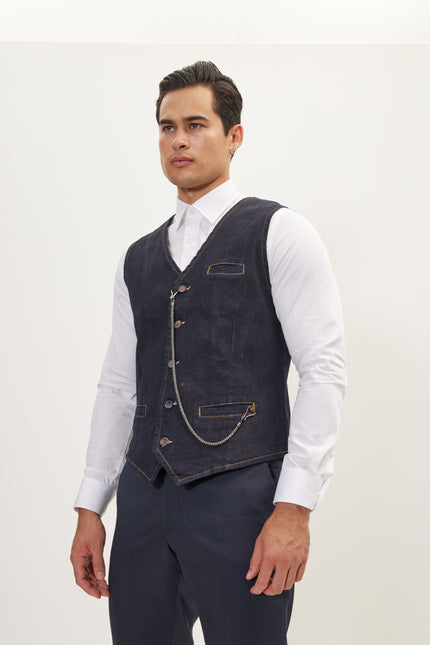 Men's Wool Pique Pocket-Watch Chain Waistcoat - Navy | Ron Tomson