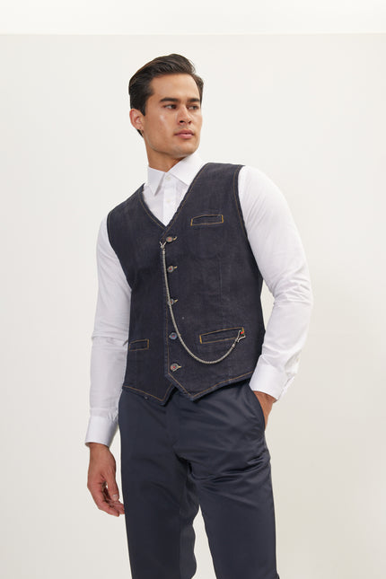Men's Wool Pique Pocket-Watch Chain Waistcoat - Navy | Ron Tomson