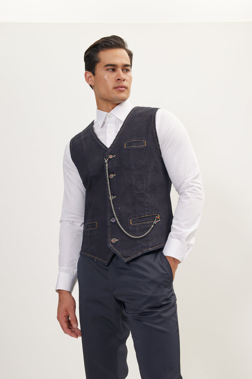 Men's Wool Pique Pocket-Watch Chain Waistcoat - Navy | Ron Tomson
