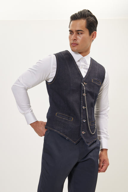 Men's Wool Pique Pocket-Watch Chain Waistcoat - Navy | Ron Tomson