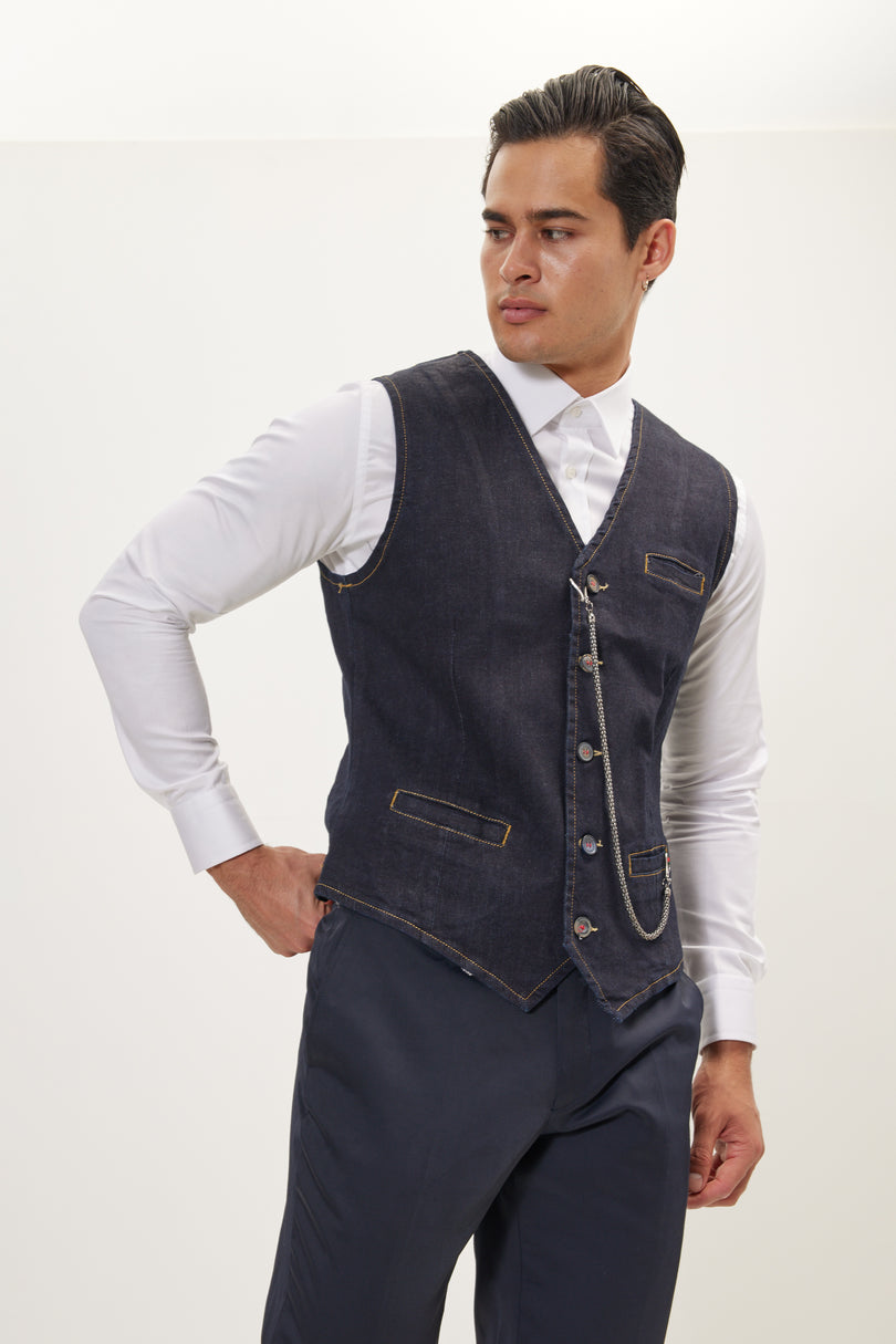 Men's Wool Pique Pocket-Watch Chain Waistcoat - Navy | Ron Tomson