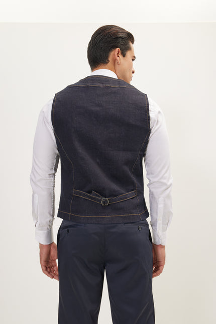 Men's Wool Pique Pocket-Watch Chain Waistcoat - Navy | Ron Tomson