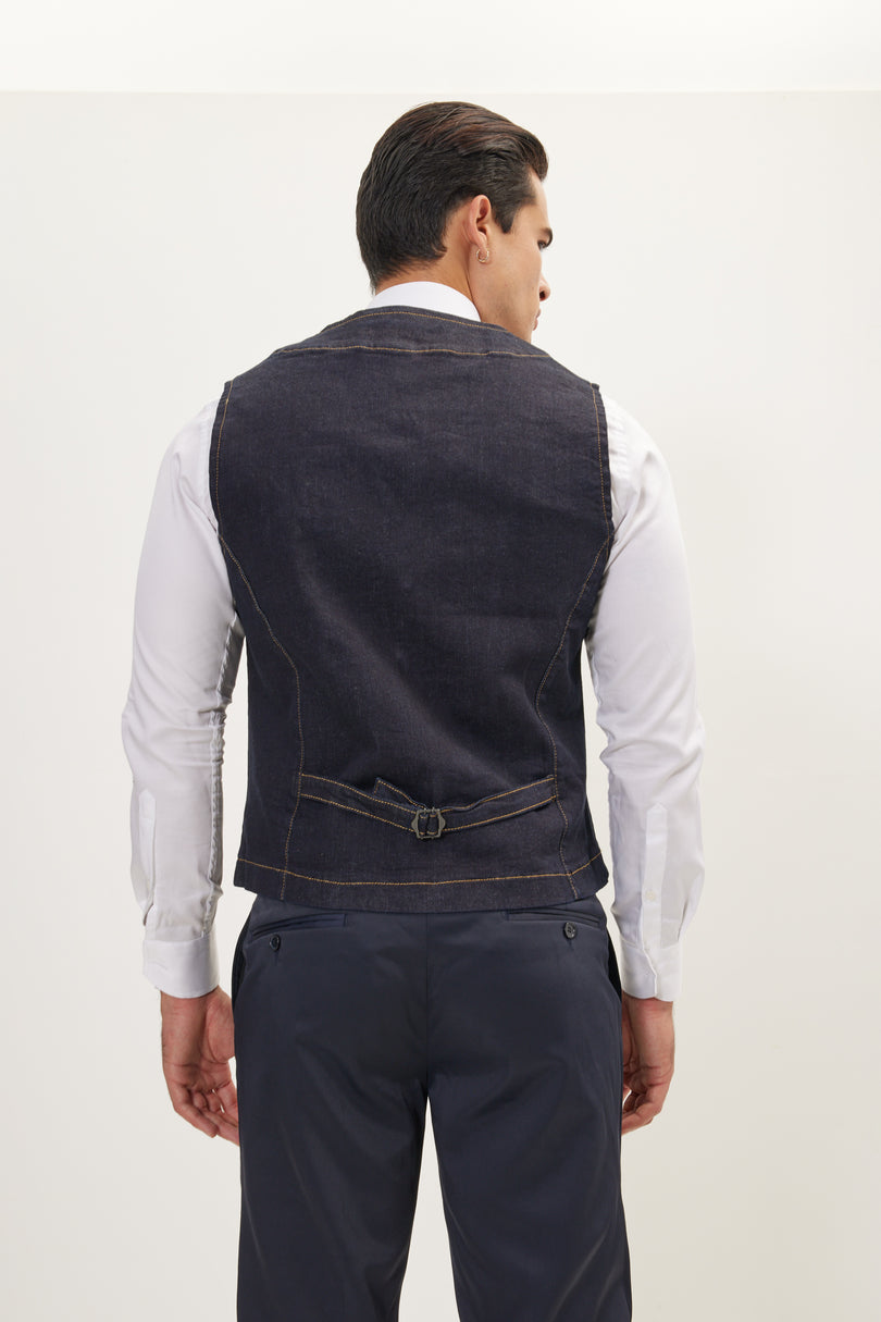 Men's Wool Pique Pocket-Watch Chain Waistcoat - Navy | Ron Tomson