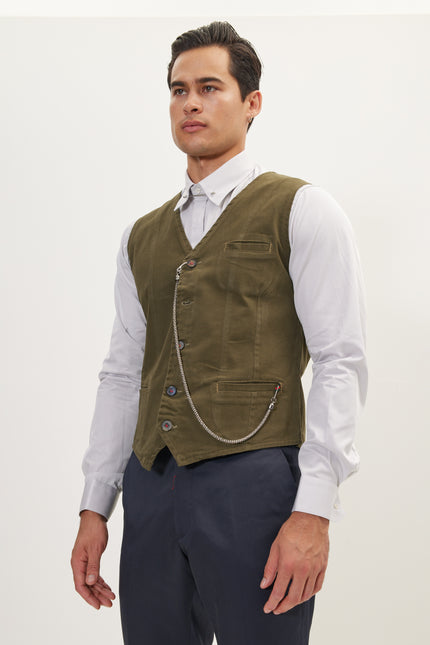 Men's Tailored Cotton Vest - Olive | Ron Tomson