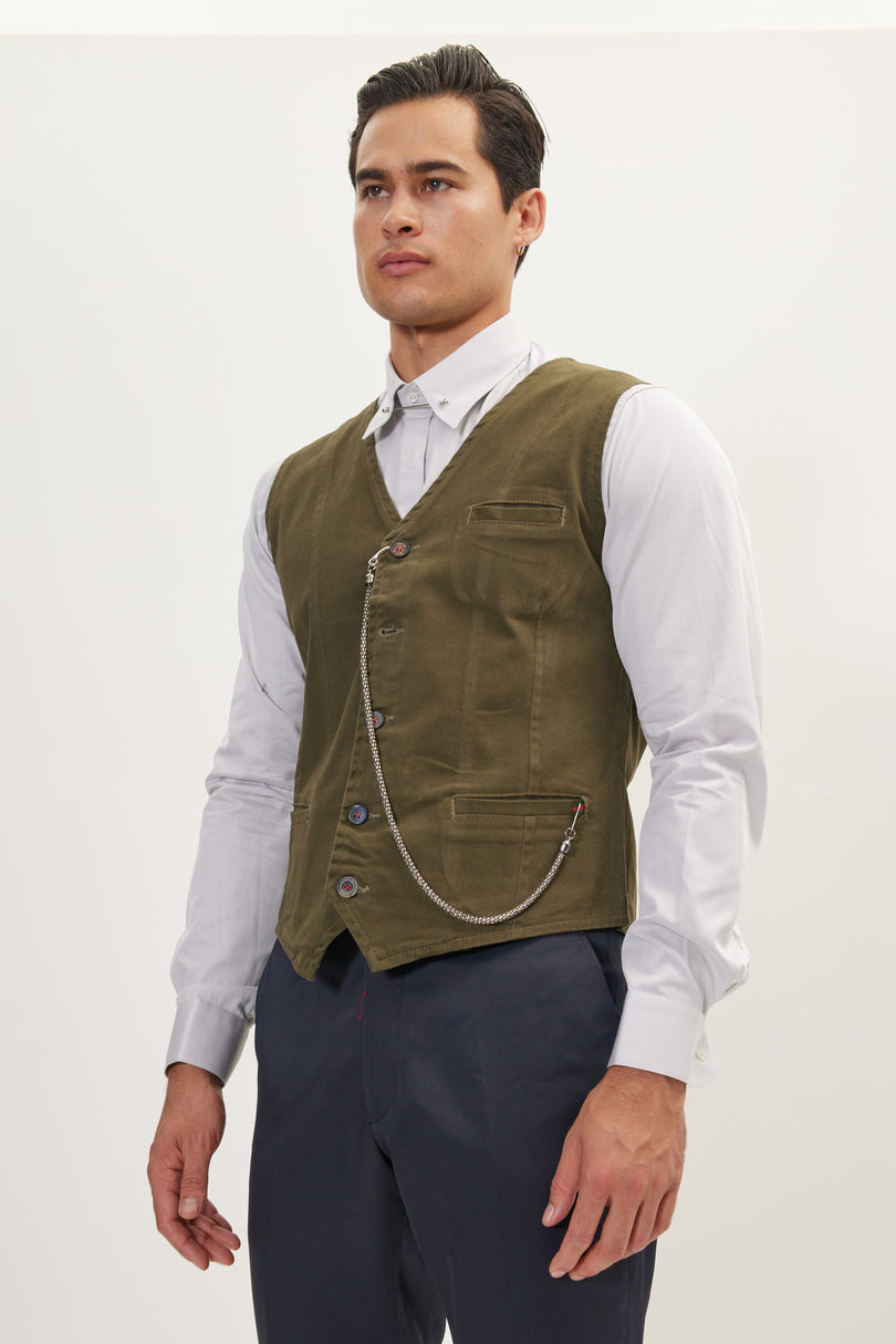 Men's Tailored Cotton Vest - Olive | Ron Tomson