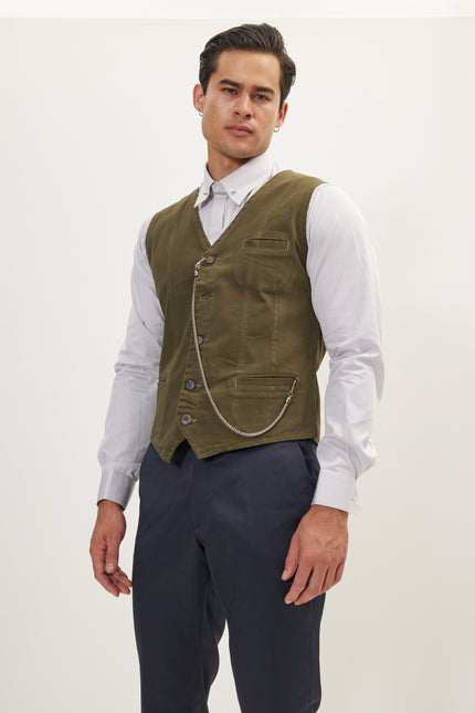 Men's Tailored Cotton Vest - Olive | Ron Tomson