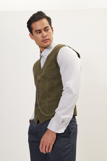 Men's Tailored Cotton Vest - Olive | Ron Tomson