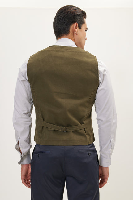 Men's Tailored Cotton Vest - Olive | Ron Tomson