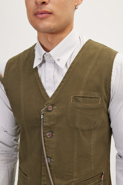 Men's Tailored Cotton Vest - Olive | Ron Tomson