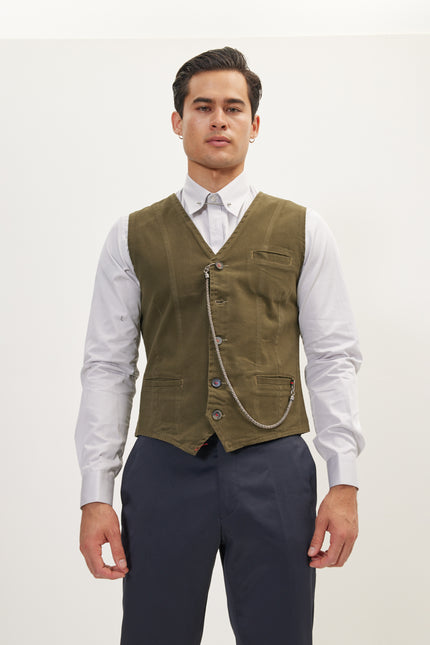 Men's Tailored Cotton Vest - Olive | Ron Tomson