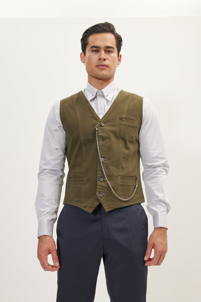 Men's Tailored Cotton Vest - Olive | Ron Tomson