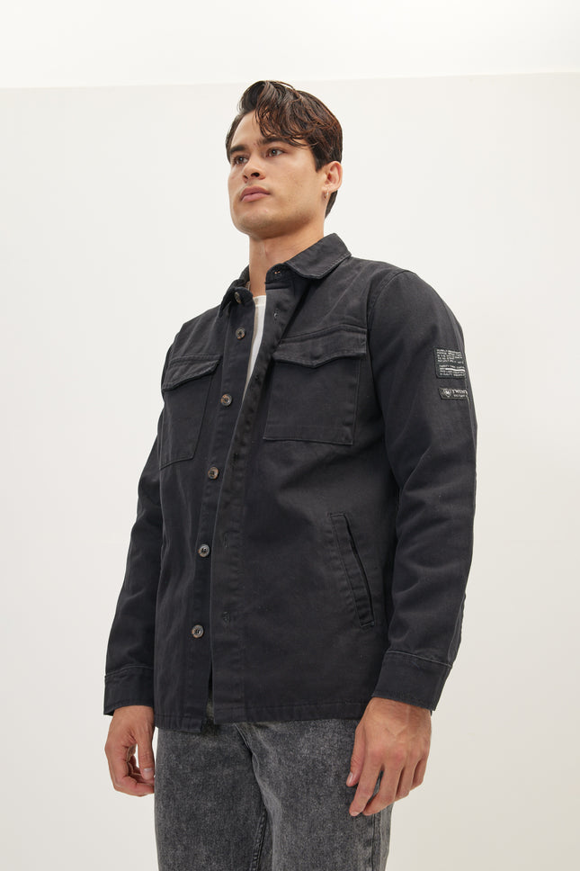Men's Cotton Utilitarian Shirt Jacket - Black | Ron Tomson