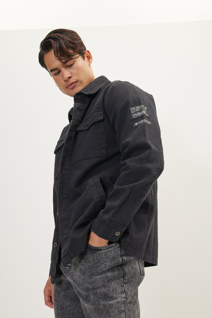 Men's Cotton Utilitarian Shirt Jacket - Black | Ron Tomson
