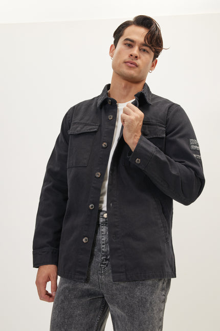 Men's Cotton Utilitarian Shirt Jacket - Black | Ron Tomson