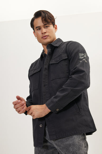 Men's Cotton Utilitarian Shirt Jacket - Black | Ron Tomson
