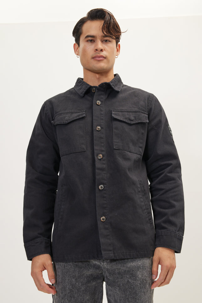 Men's Cotton Utilitarian Shirt Jacket - Black | Ron Tomson