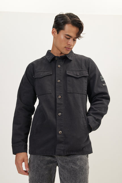Men's Cotton Utilitarian Shirt Jacket - Black | Ron Tomson