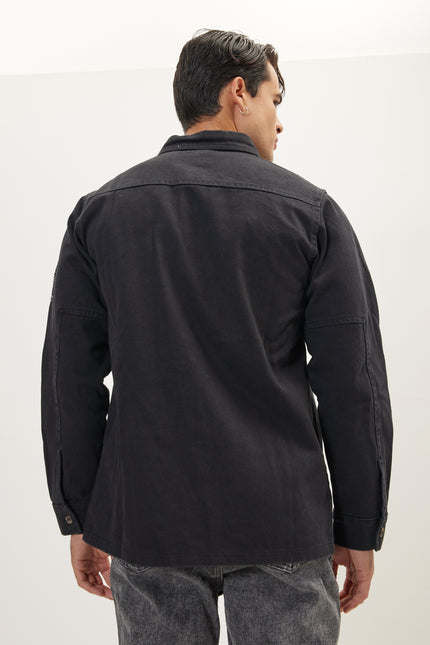 Men's Cotton Utilitarian Shirt Jacket - Black | Ron Tomson