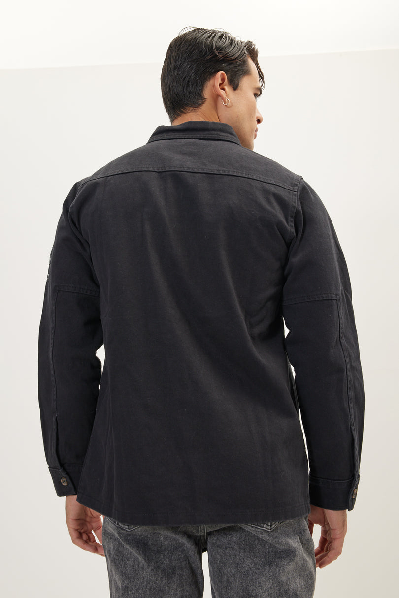 Men's Cotton Utilitarian Shirt Jacket - Black | Ron Tomson