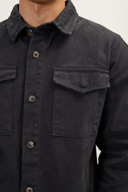 Men's Cotton Utilitarian Shirt Jacket - Black | Ron Tomson