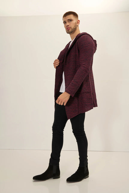 Men's Open-Front Hooded Cardigan - Burgundy | Ron Tomson