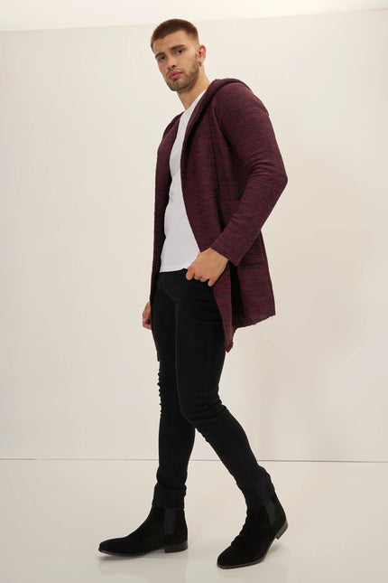 Men's Open-Front Hooded Cardigan - Burgundy | Ron Tomson