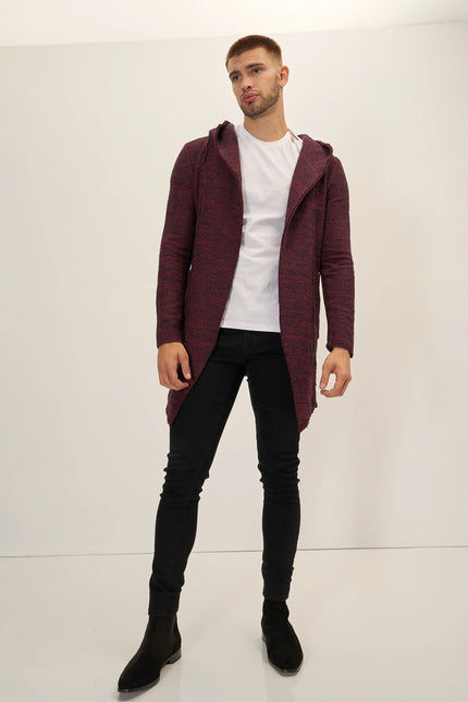 Men's Open-Front Hooded Cardigan - Burgundy | Ron Tomson