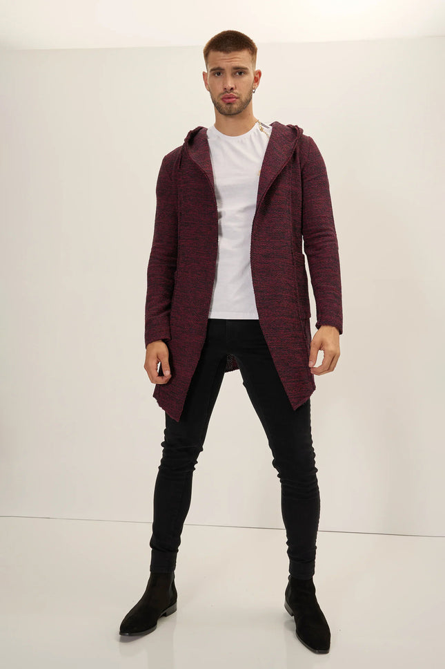 Men's Open-Front Hooded Cardigan - Burgundy | Ron Tomson