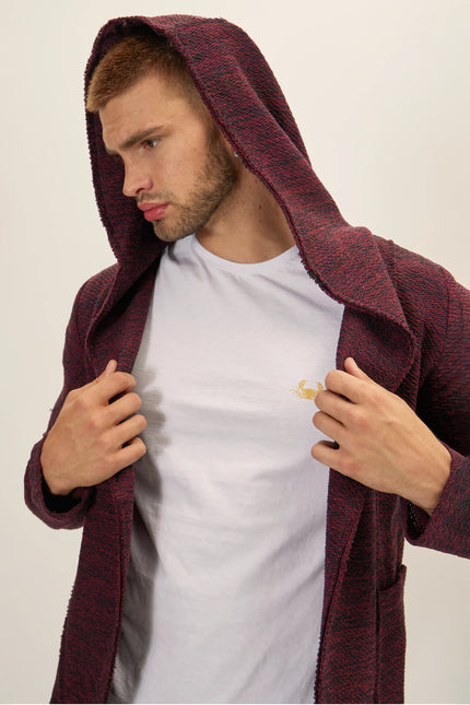 Men's Open-Front Hooded Cardigan - Burgundy | Ron Tomson
