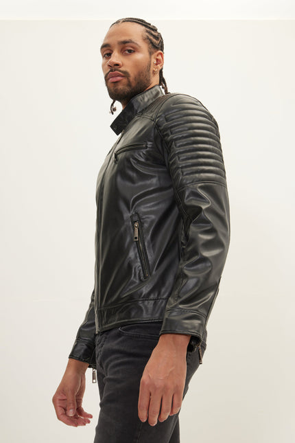 Men's Faux Leather Motorcycle Jacket - Black | Ron Tomson