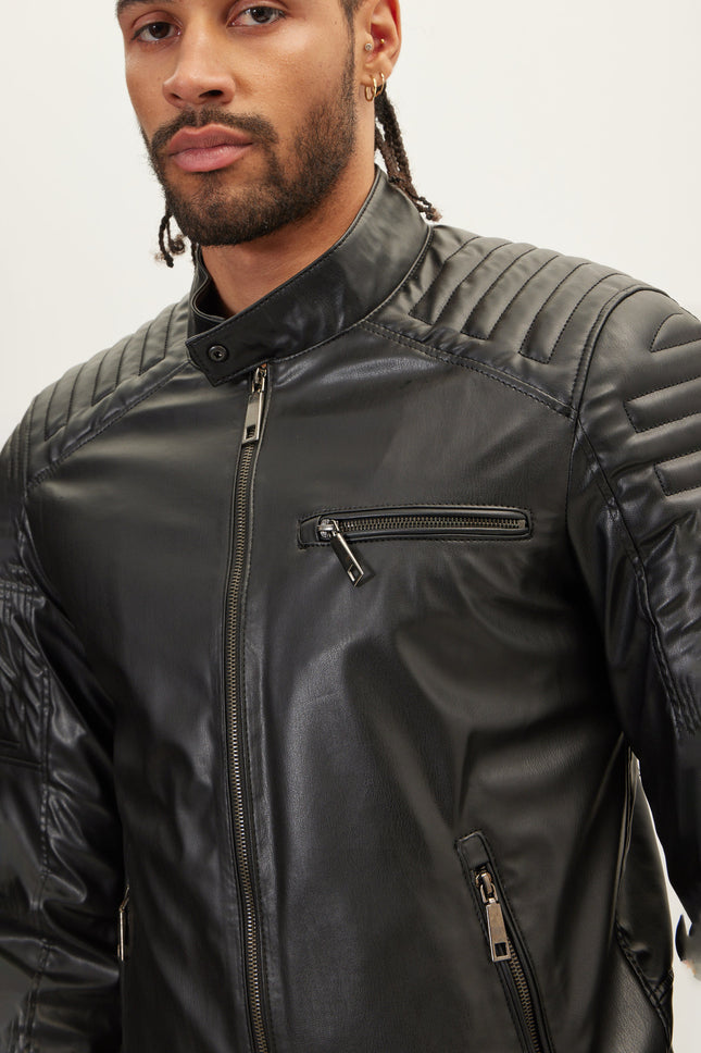 Men's Faux Leather Motorcycle Jacket - Black | Ron Tomson