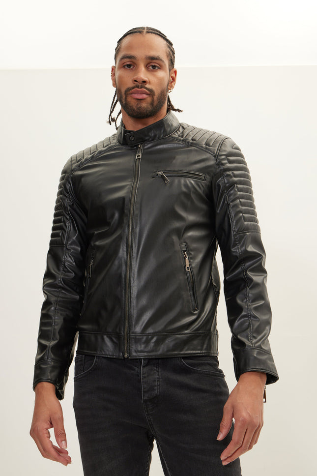 Men's Faux Leather Motorcycle Jacket - Black | Ron Tomson