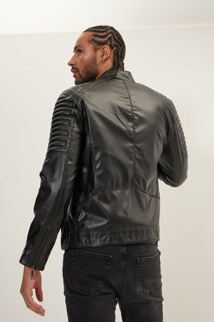 Men's Faux Leather Motorcycle Jacket - Black | Ron Tomson