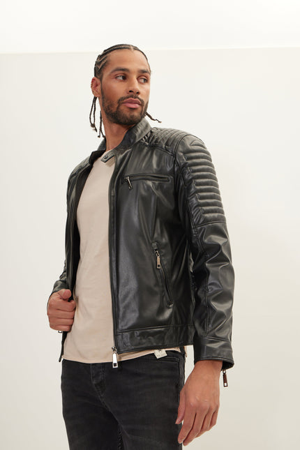 Men's Faux Leather Motorcycle Jacket - Black | Ron Tomson