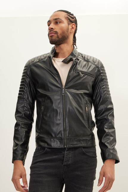 Men's Faux Leather Motorcycle Jacket - Black | Ron Tomson