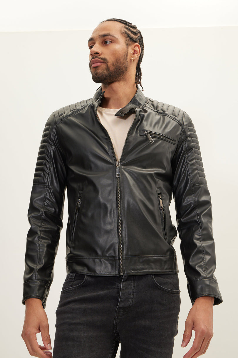 Men's Faux Leather Motorcycle Jacket - Black | Ron Tomson