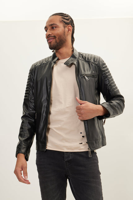 Men's Faux Leather Motorcycle Jacket - Black | Ron Tomson