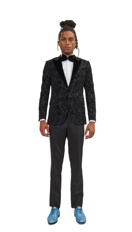 Metallic Velvet Flocking Tuxedo Jacket - Black