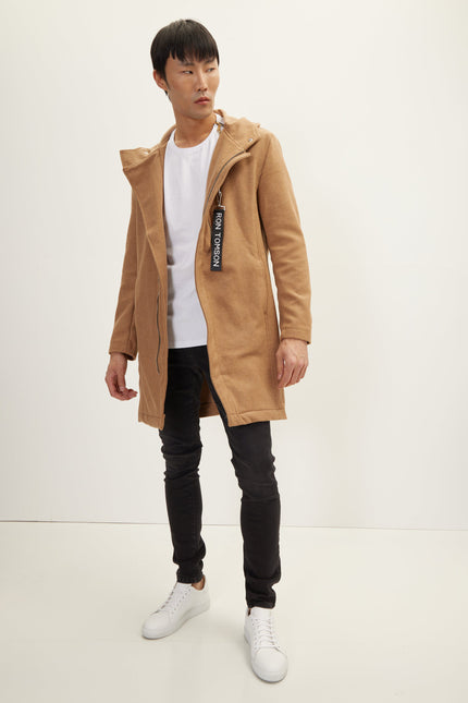 Men's Hooded Asymmetric-Zip Parka - Camel | Ron Tomson