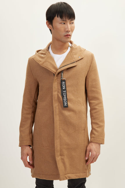 Men's Hooded Asymmetric-Zip Parka - Camel | Ron Tomson