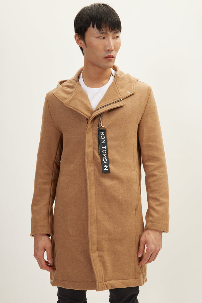 Men's Hooded Asymmetric-Zip Parka - Camel | Ron Tomson