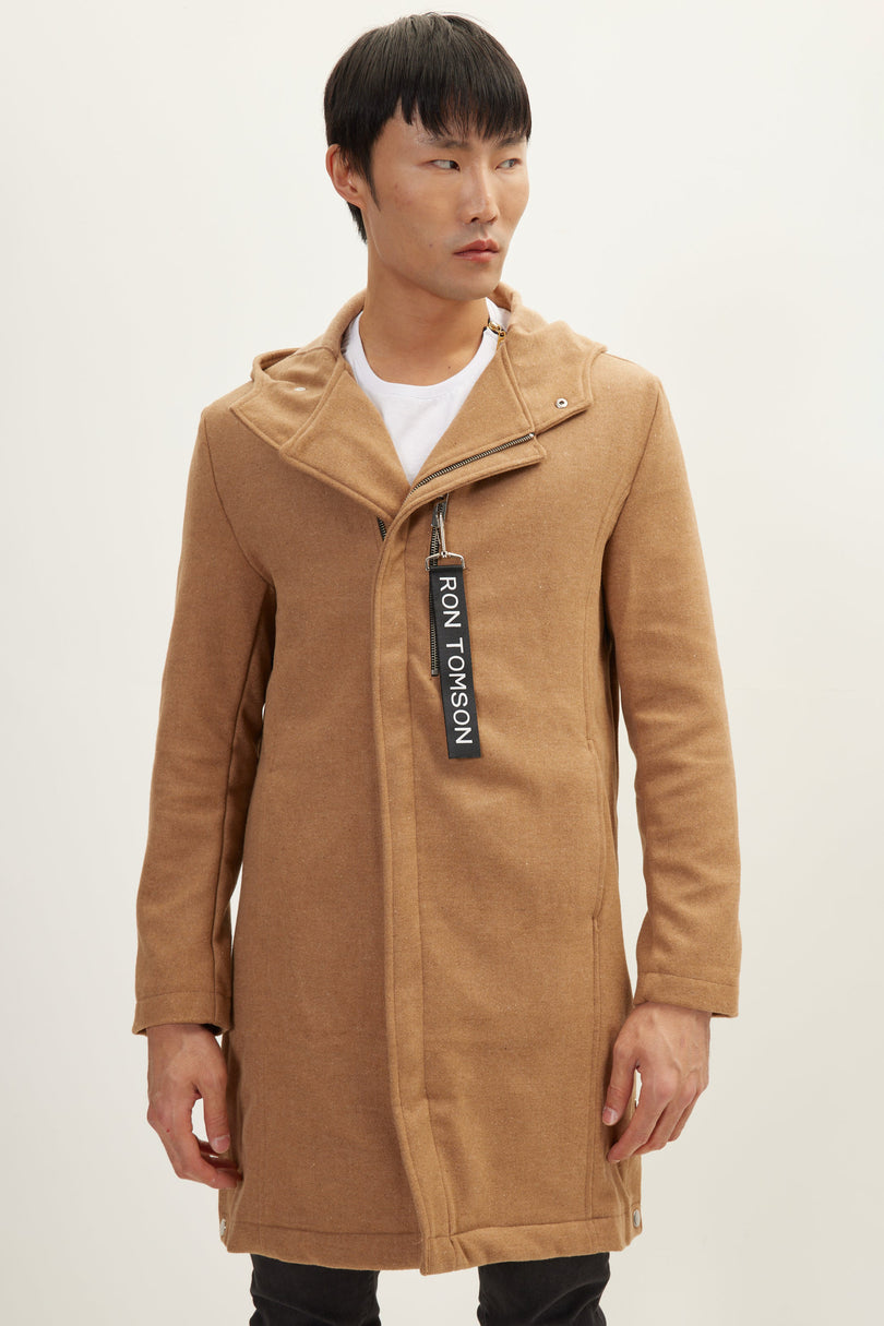 Men's Hooded Asymmetric-Zip Parka - Camel | Ron Tomson