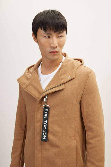 Men's Hooded Asymmetric-Zip Parka - Camel | Ron Tomson