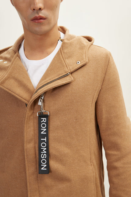 Men's Hooded Asymmetric-Zip Parka - Camel | Ron Tomson