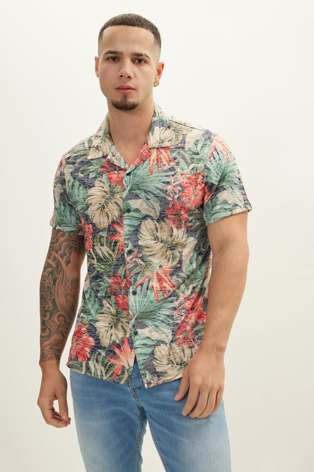 Men's Floral Hawaiian Shirt - Green Red | Ron Tomson