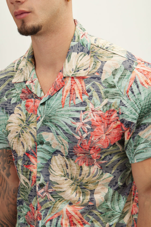 Men's Floral Hawaiian Shirt - Green Red | Ron Tomson