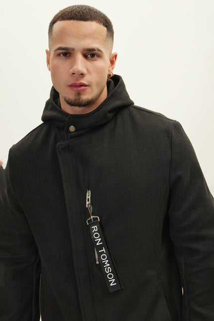 Men's Knee-Length Wool Parka - Black | Ron Tomson