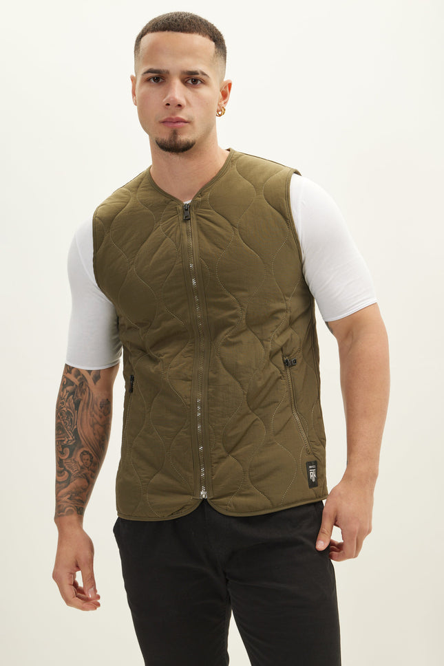 Men's Full-Zip Quilted Vest - Khaki | Ron Tomson